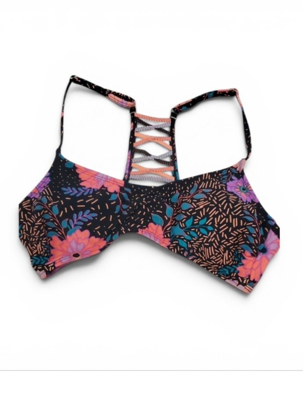 BIKINI TOP - Floral Strappy-Back Bikini Top in Black, Pink & Teal  Sz L. NWT